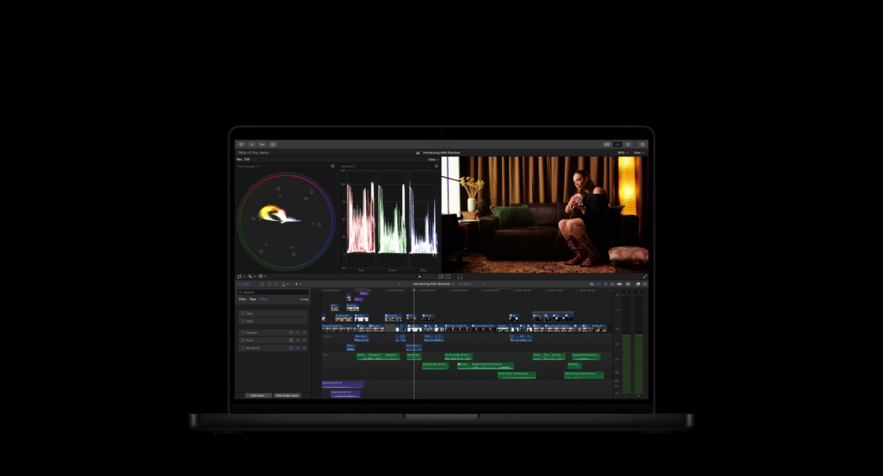 MacBook Pro 14, Music video edit, woman on sofa playing guitar, title of video is Introducing Allie Sherlock