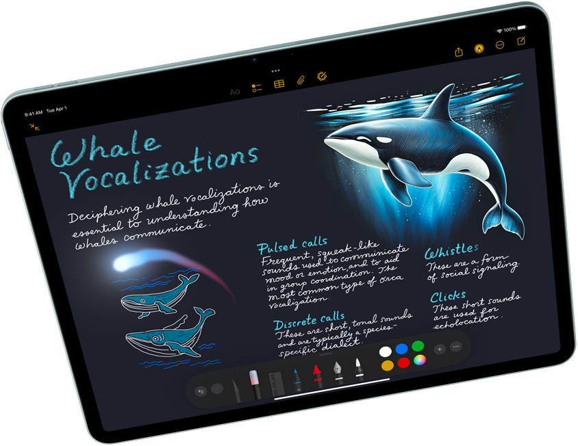 Landscape view of iPad Air showcasing Apple Intelligence with Image Playground, and Keynote, Apple Pencil Pro