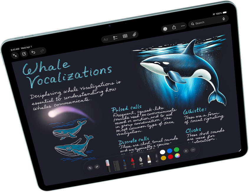 iPad Air in horizontale stand met de Apple Intelligence-feature Image Playground, Keynote en Apple Pencil Pro