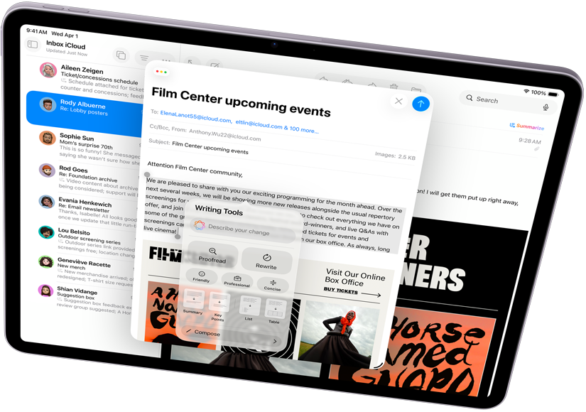 iPad Air in horizontale stand met de Apple Intelligence-feature Schrijfhulp en Mail