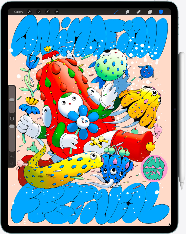 iPad Air, vỏ ngoài mặt trước, hiển thị ứng dụng Procreate, tác phẩm nghệ thuật kỹ thuật số đầy màu sắc với nhiều nhân vật và vật thể