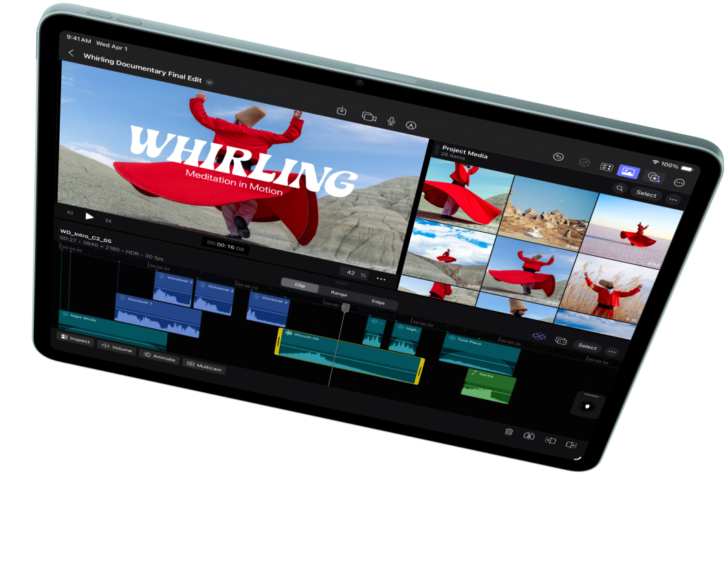 iPad Air in horizontale stand, waarop een video wordt bewerkt in Final Cut Pro