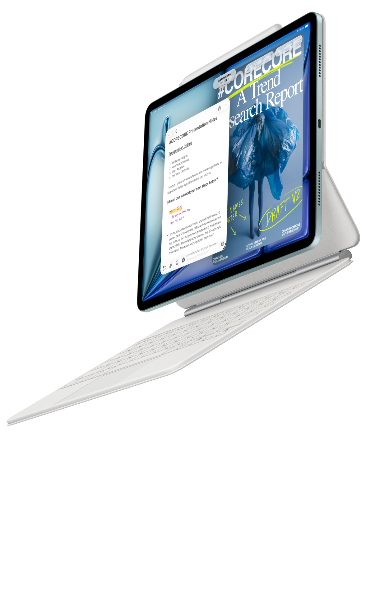 iPad Air met een Magic Keyboard voor iPad Air en Apple Pencil Pro eraan vast
