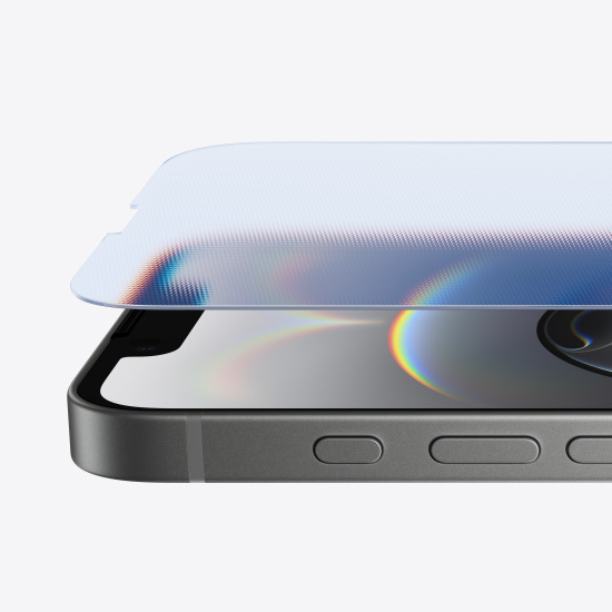 Side view of Ceramic Shield glass on top of iPhone 16e in color White and action button.
