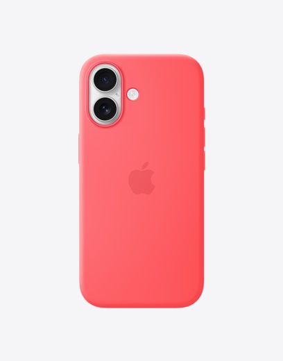 iPhone 17, stražnja strana sa Bright Guava silikonskom maskom, sustav s dvojnom kamerom Fusion u gornjem lijevom kutu, logo Apple po sredini