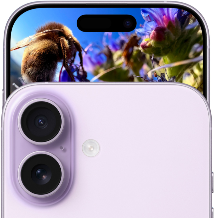 iPhone 17, prikaz prednje strane, sustav s dvojnom kamerom Fusion, prikaz stražnje strane, boja lavande.
