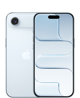 Stražnji prikaz iPhonea Air u nebeski plavoj boji, sustav kamera Fusion pri vrhu, Appleov logo u središtu, prikaz prednje strane u nebeski plavoj boji, s Dynamic Islandom pri vrhu