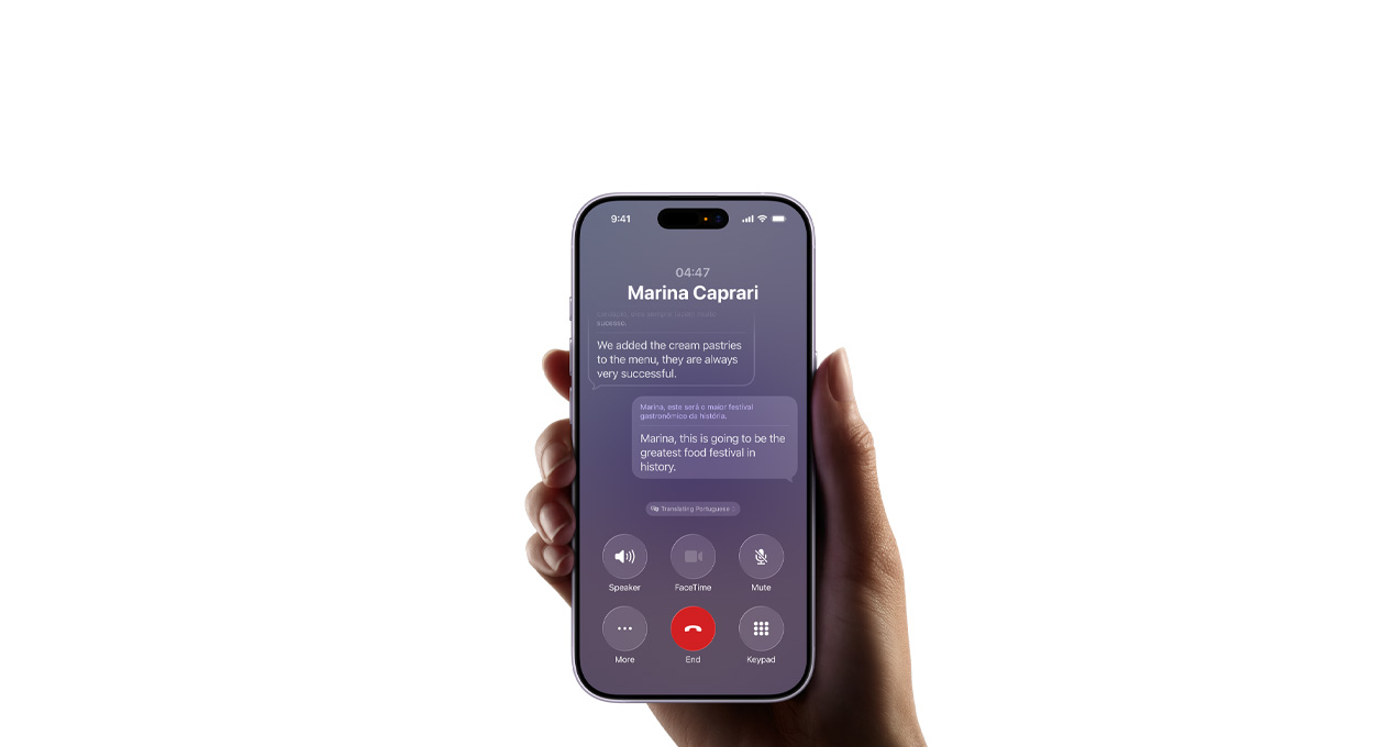 Ruka drži iPhone 17, prikazuje se Apple Intelligence sa značajkom Prijevod uživo