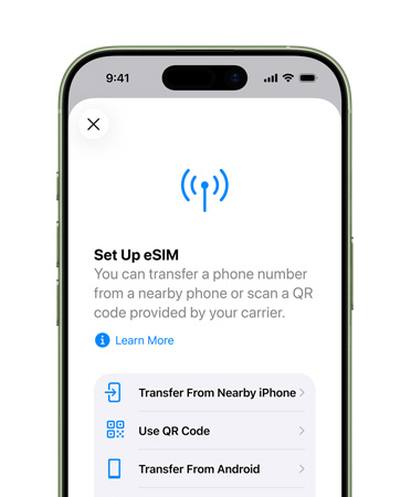 iPhone 17, prednja strana, upotreba značajke Podesi mobilne podatke za jednostavan prijenos telefonskog broja uz eSIM