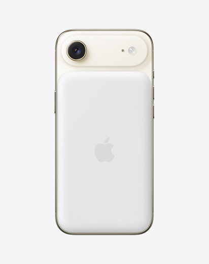 iPhone Air, face arrière, coloris or clair, avec Batterie MagSafe fixée