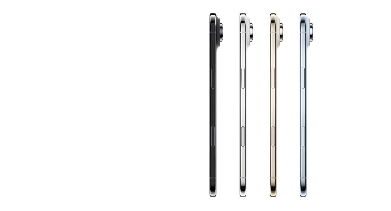 iPhone Air, parte lateral, colores: azul cielo, color oro claro, blanco nube y negro espacial, perfil muy delgado, sistema de cámara Fusion, botones: lateral, Control de la Cámara