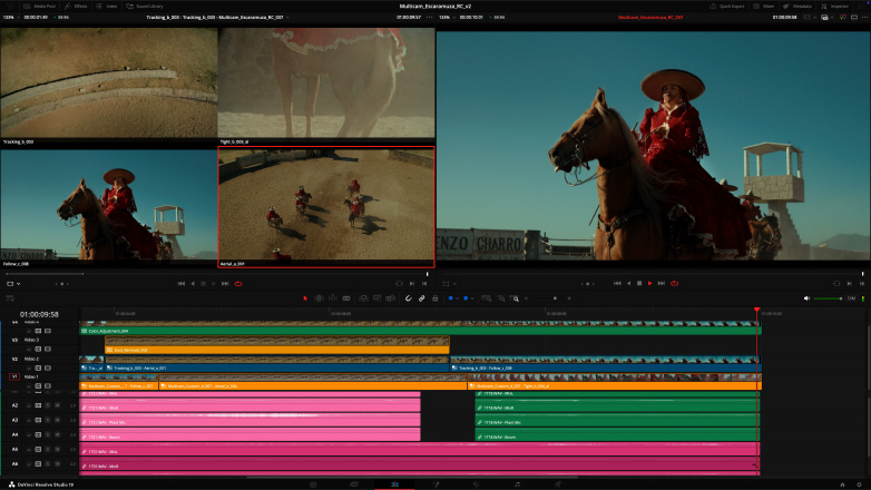 Studio Display en Mac Studio waarop videobeelden van meerdere camera’s worden bewerkt in DaVinci Resolve Studio