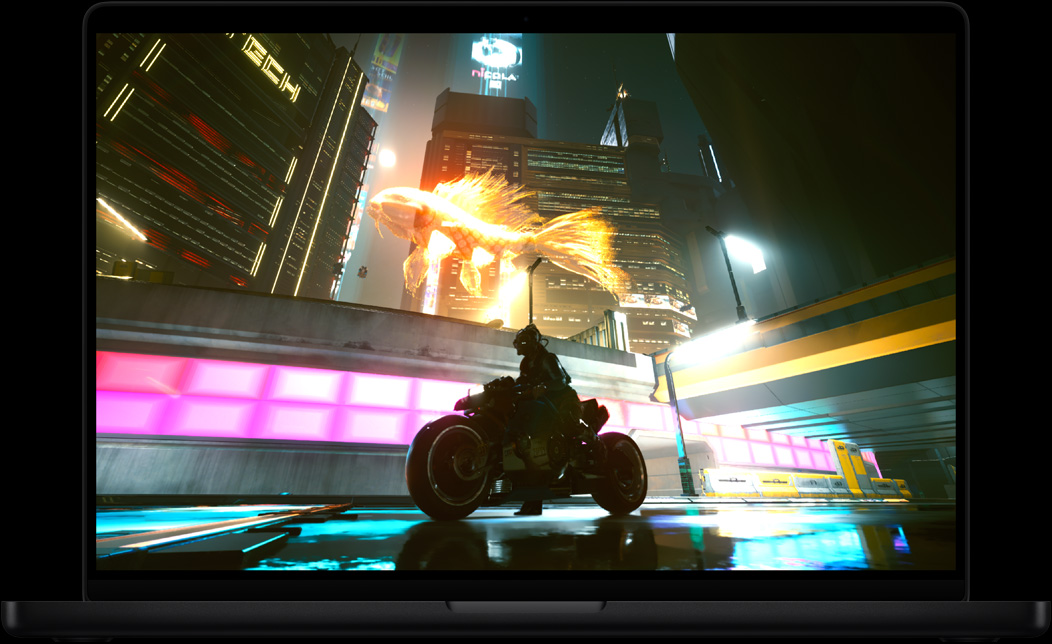 شاشة MacBook Pro تعرض لعبة Cyberpunk 2077: Ultimate