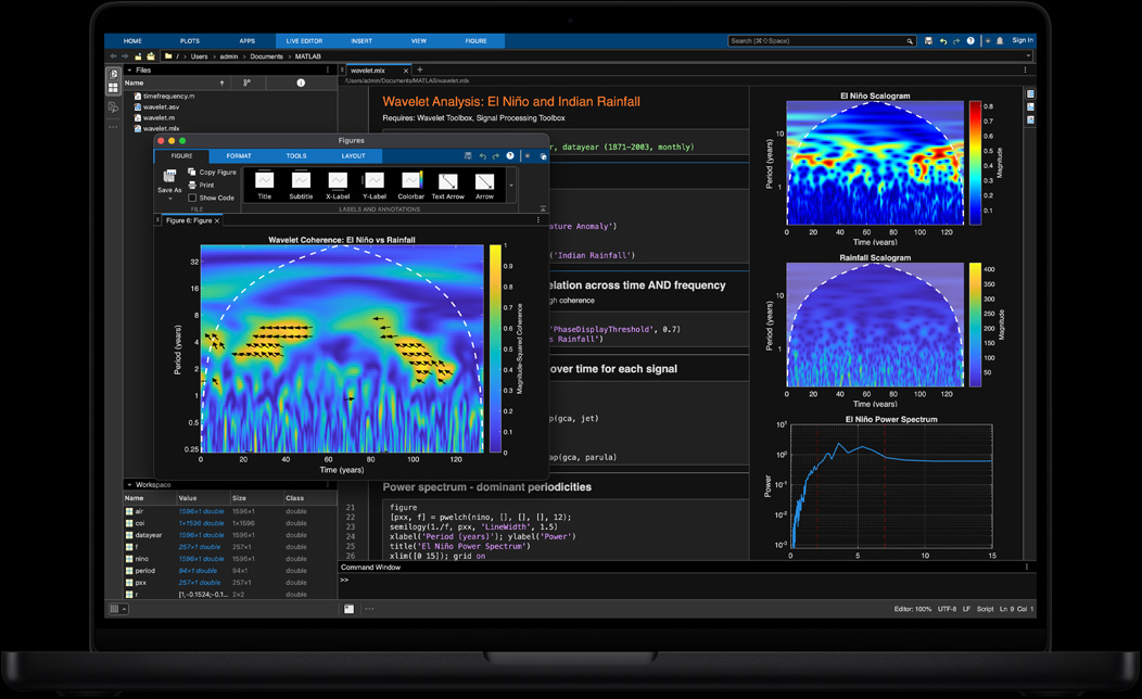 شاشة MacBook Pro تعرض برنامج MATLAB أثناء استخدامه لمعالجة البيانات الجغرافية المكانية وعرضها