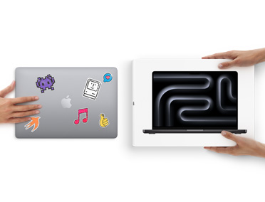 يد تمرر جهاز MacBook عليه ملصقات على الهيكل الخارجي نحو يدين تحملان MacBook جديد في العلبة