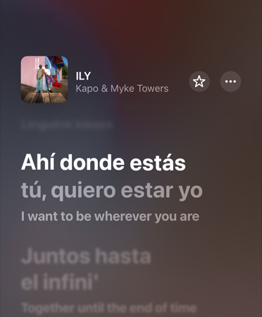 Übersetzung von ILY von Kapo & Myke Towers aus dem Spanischen ins Englische, wiedergegeben über Apple Music