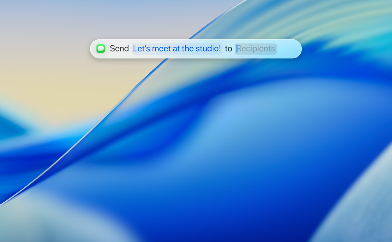 Gros plan de la nouvelle app Spotlight translucide, l’app Messages est utilisée pour envoyer un SMS à un contact