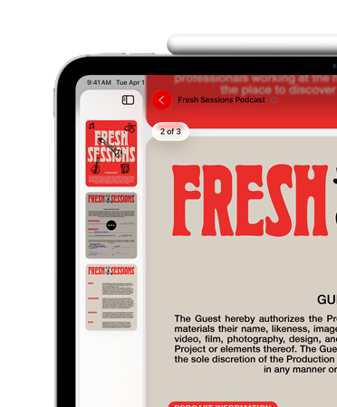 iPad vaaka-asennossa, Apple Pencil kiinnitettynä magneettisesti iPadin päälle, näytön vasemmassa yläkulmassa näkyy vain PDF Esikatselu-apissa