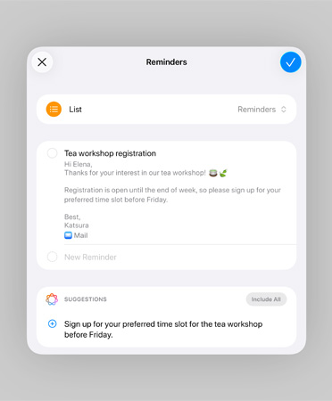Liste dans l’app Rappels avec des rappels intelligents et des tâches suggérées