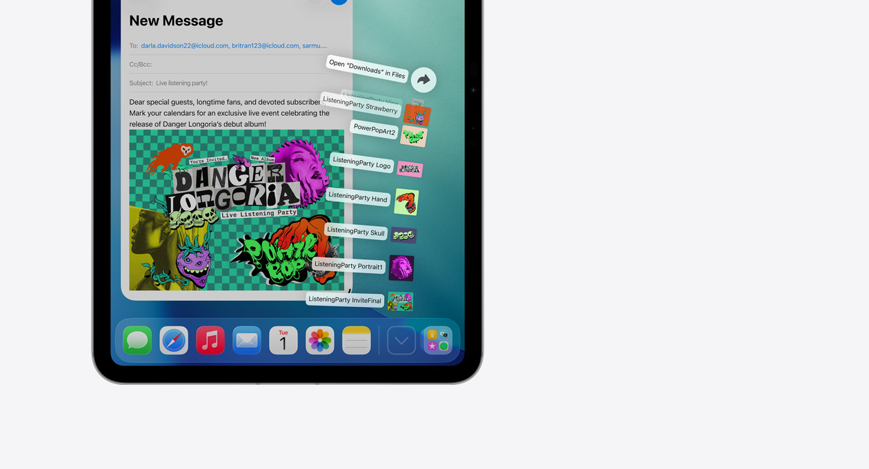 Gros plan sur les apps du Dock en bas de l’écran d’un appareil Apple, avec une série de fichiers déployés verticalement